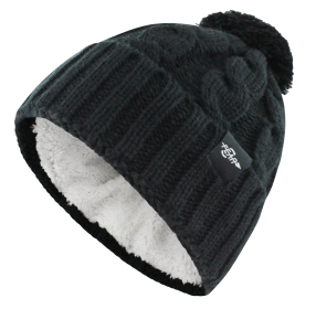 Fear0 NJ Warmest Plush Insulated Lining Knit Cable Cuff Fold Beanie Hat Women (Color: Black)